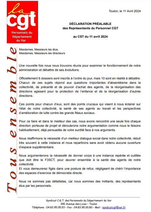 Declaration prealable de la cgt au cst du 11 avril 2024