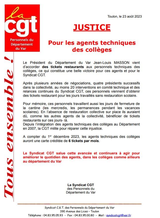 Justice pour les agents techniques des colleges